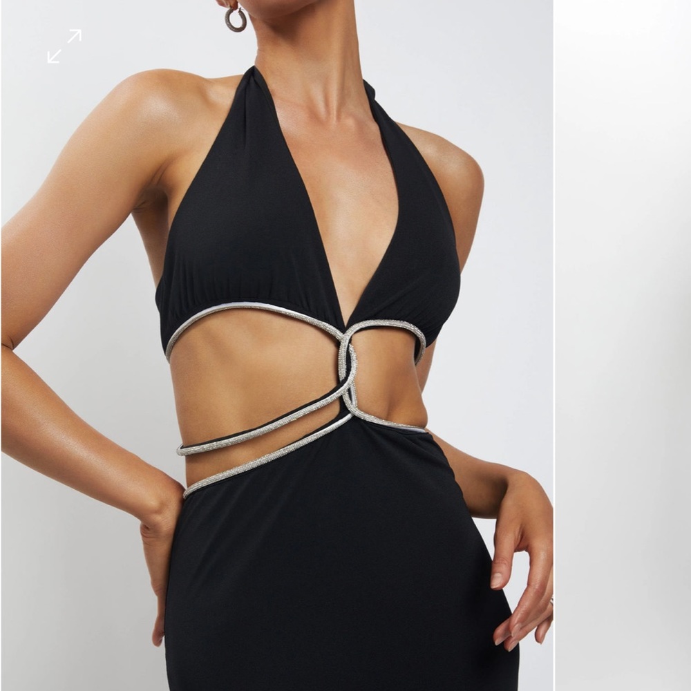 Meshki Black Halter Cut-Out Maxi Dress with Silver Trim